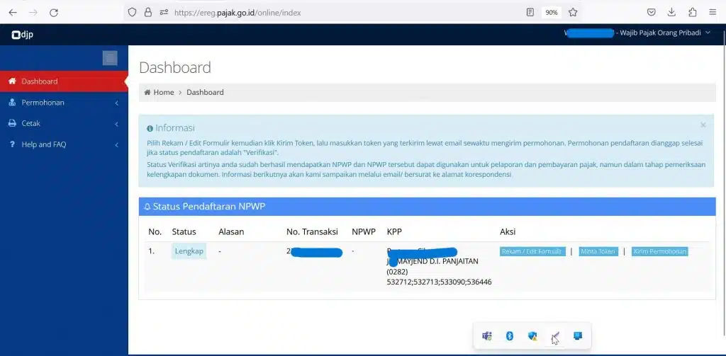 cara daftar npwp online masukan kode token