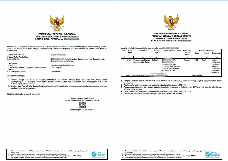 Contoh NIB Perorangan Usaha Jualan Motor Bekas (KBLI 45404)