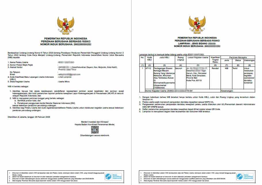 Contoh NIB Perorangan Usaha Sembako (KBLI 47112)